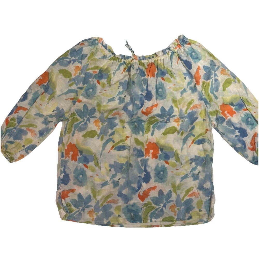 Hester & Orchard Top Linen Blend Floral Peasant Size L Beachy Watercolor Coastal - Picture 4 of 5